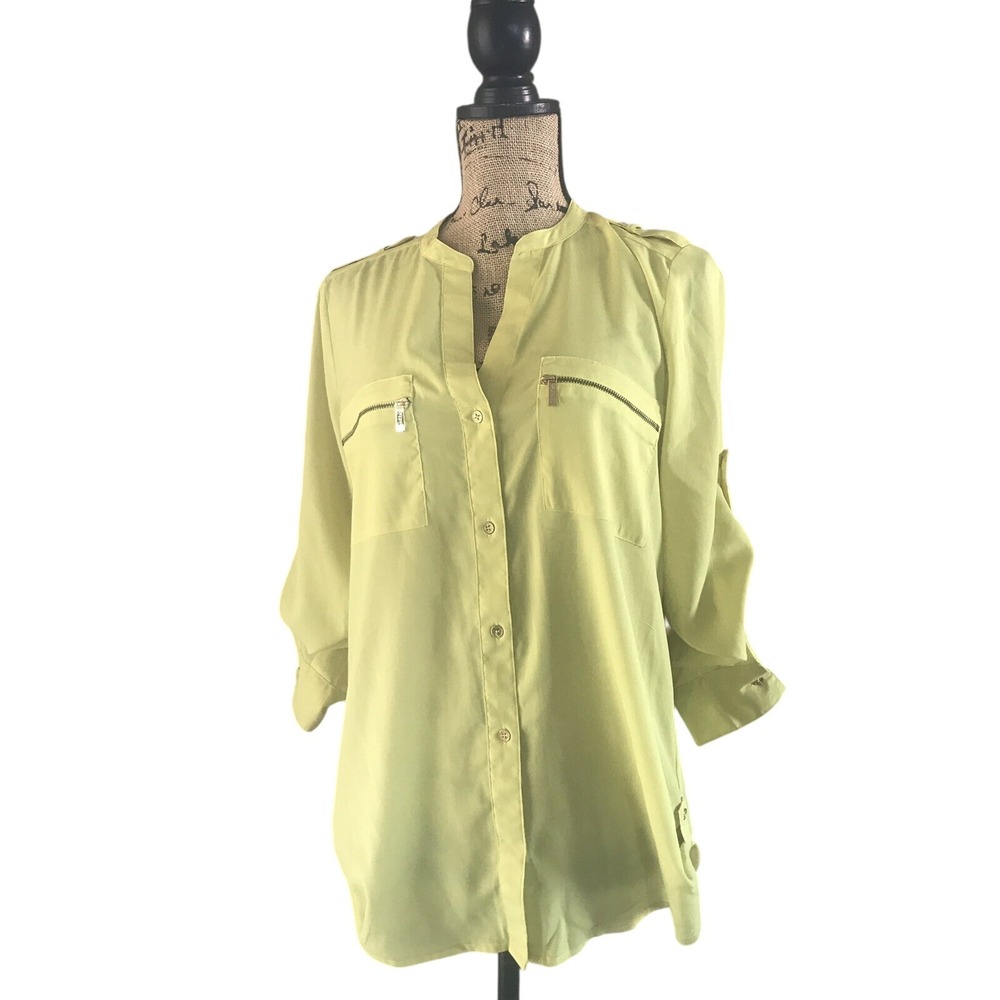 Calvin Klein Blouse Women's Small Yellow Button Down Roll Tab Sleeve‎ Pockets